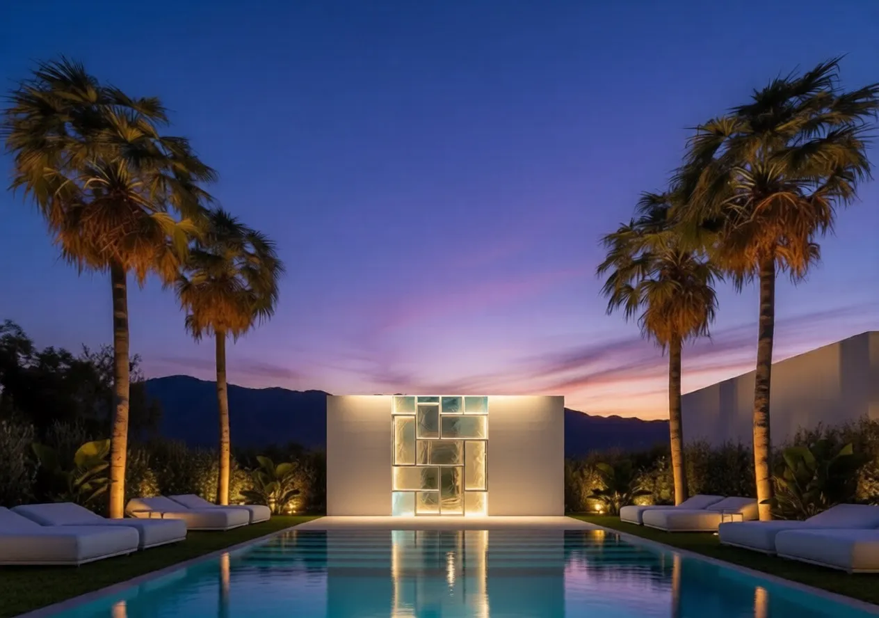 Banco lumínico junto a la piscina al atardecer
