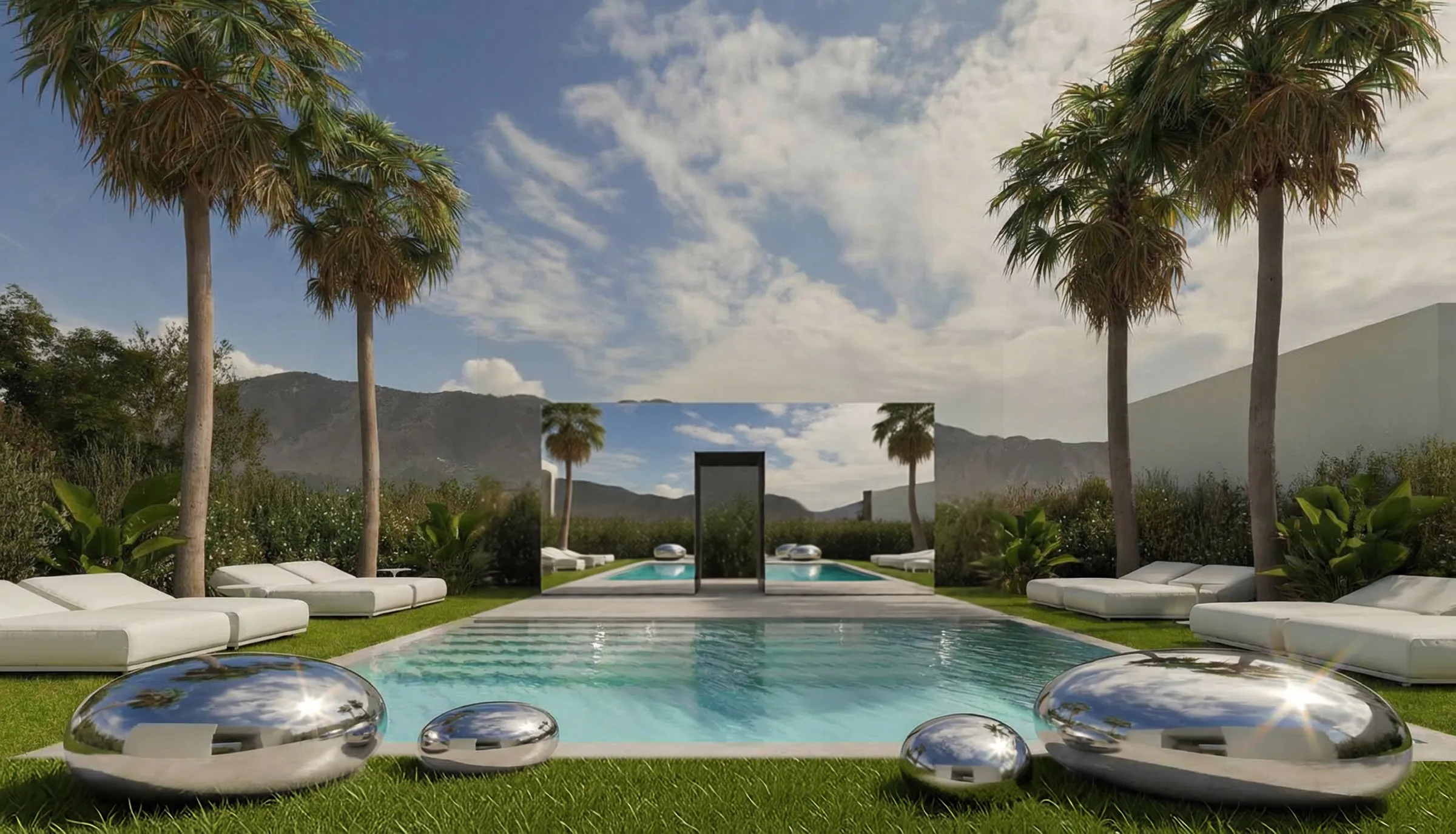 Concepto de entorno artístico para el complejo residencial de Junco Arquitectura: zona de piscina con piezas especulares