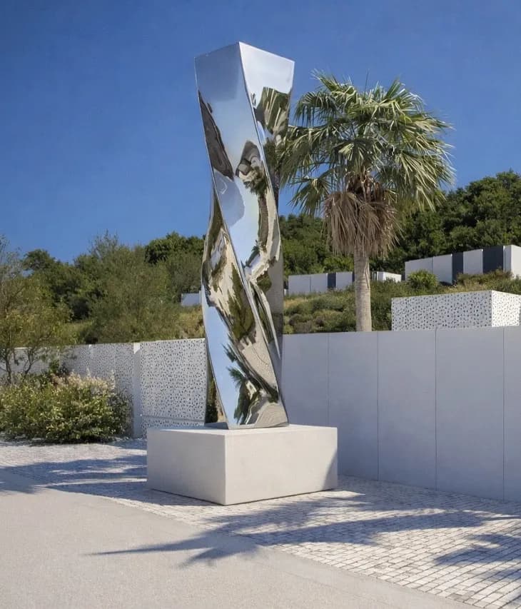 Escultura especular en el acceso: concepto de ENTORA para Junco Arquitectura