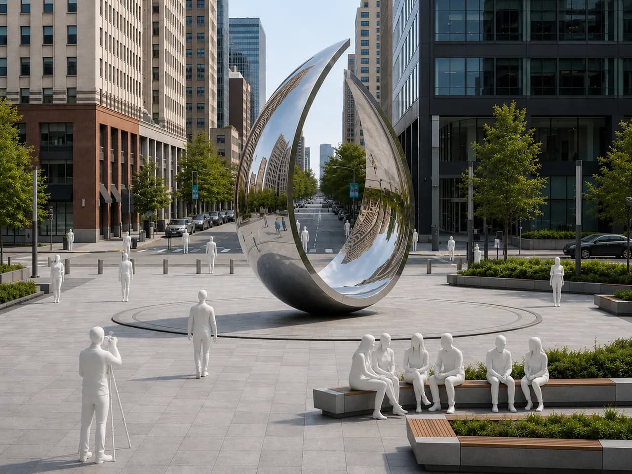 Pieza singular escultórica en una plaza urbana