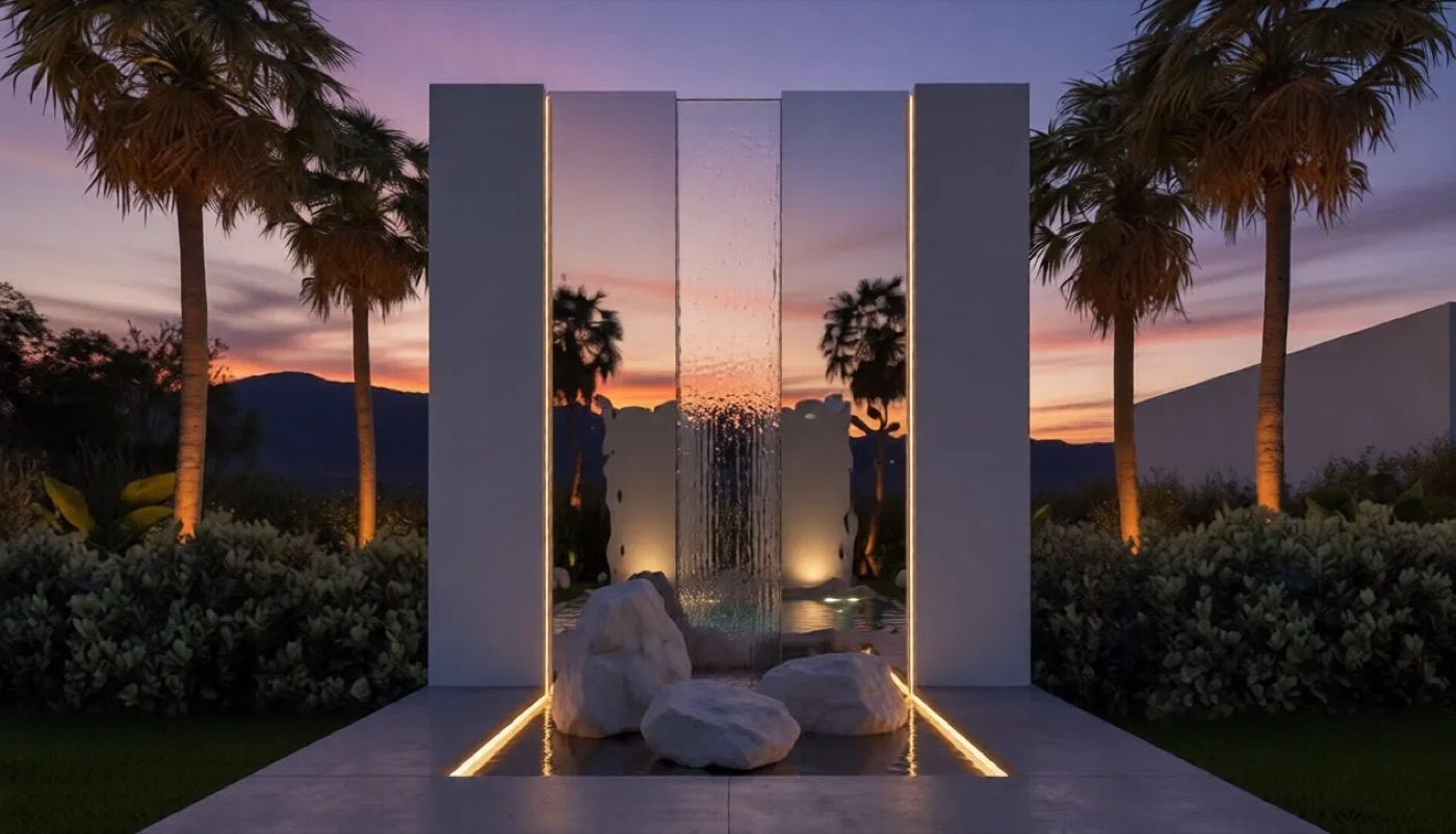 Pieza dominante acuática iluminada al atardecer en un jardín de la costa