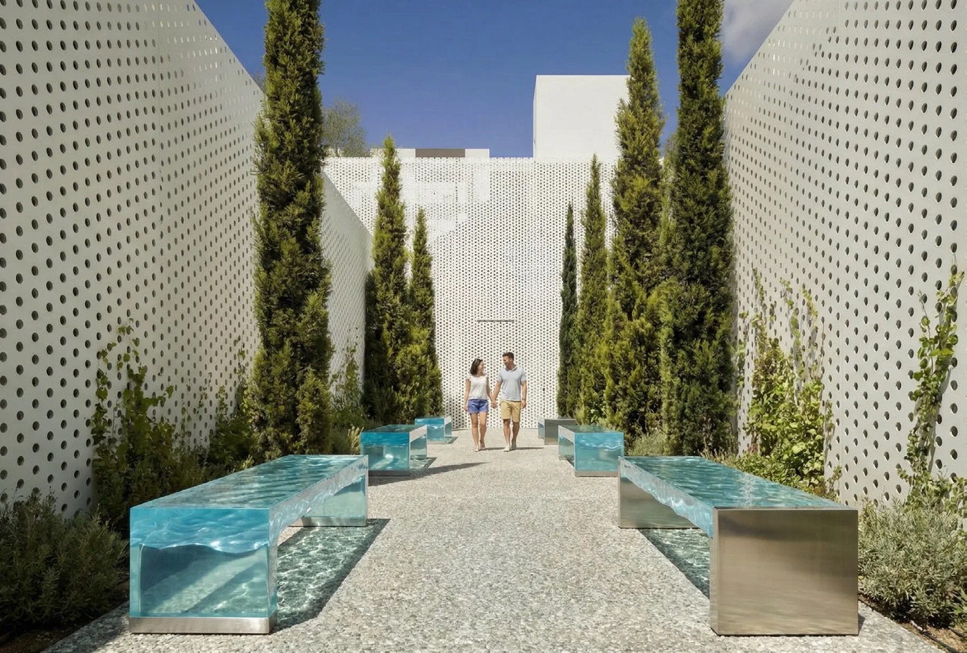 Bancos de acrílico de colada y acero en el recorrido de un jardín entre muros perforados