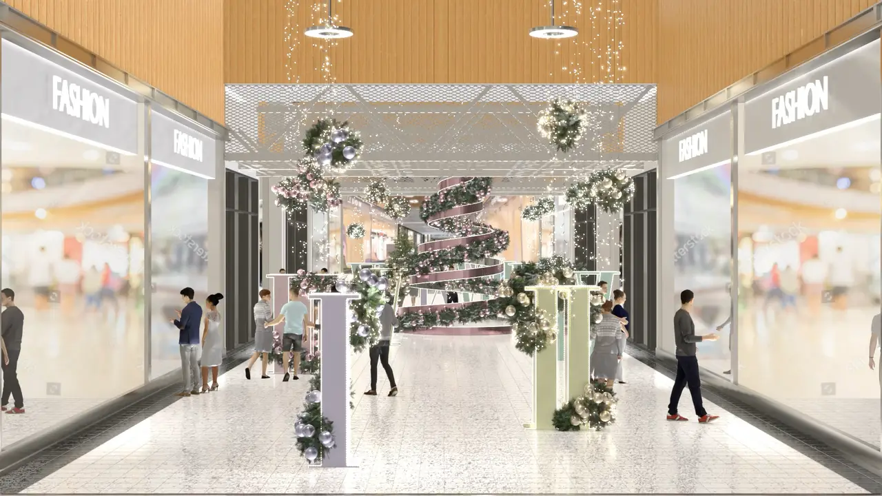Visualización 3D de la decoración navideña de un centro comercial