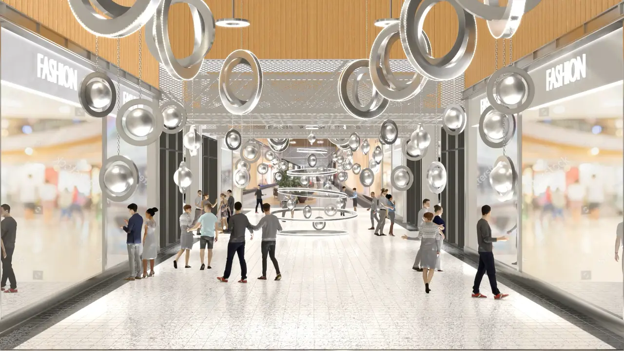 Visualización 3D de la decoración navideña de un centro comercial